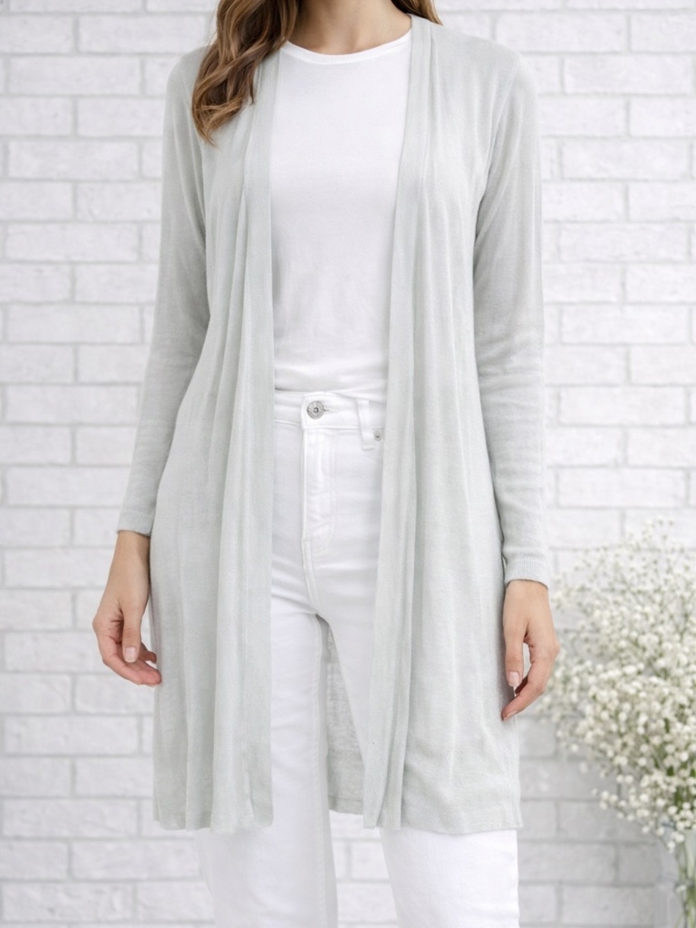 Lafayette 148 New York Lyocell Silk Blend Open Front Long Gray Cardigan Size XL